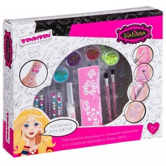 Набор детской декор. косметики Bondibon Eva Moda для боди-арта, BOX 29,5х25х5 см;  глиттер для тела 4 оттенка: жёлт.,малин.,фиолет.,голуб.(4г), гель-клей прозрачный (5г), кисточки 2шт.,трафареты 6 шт. ,самоклеящиеся пласт.стразы; арт.71101.